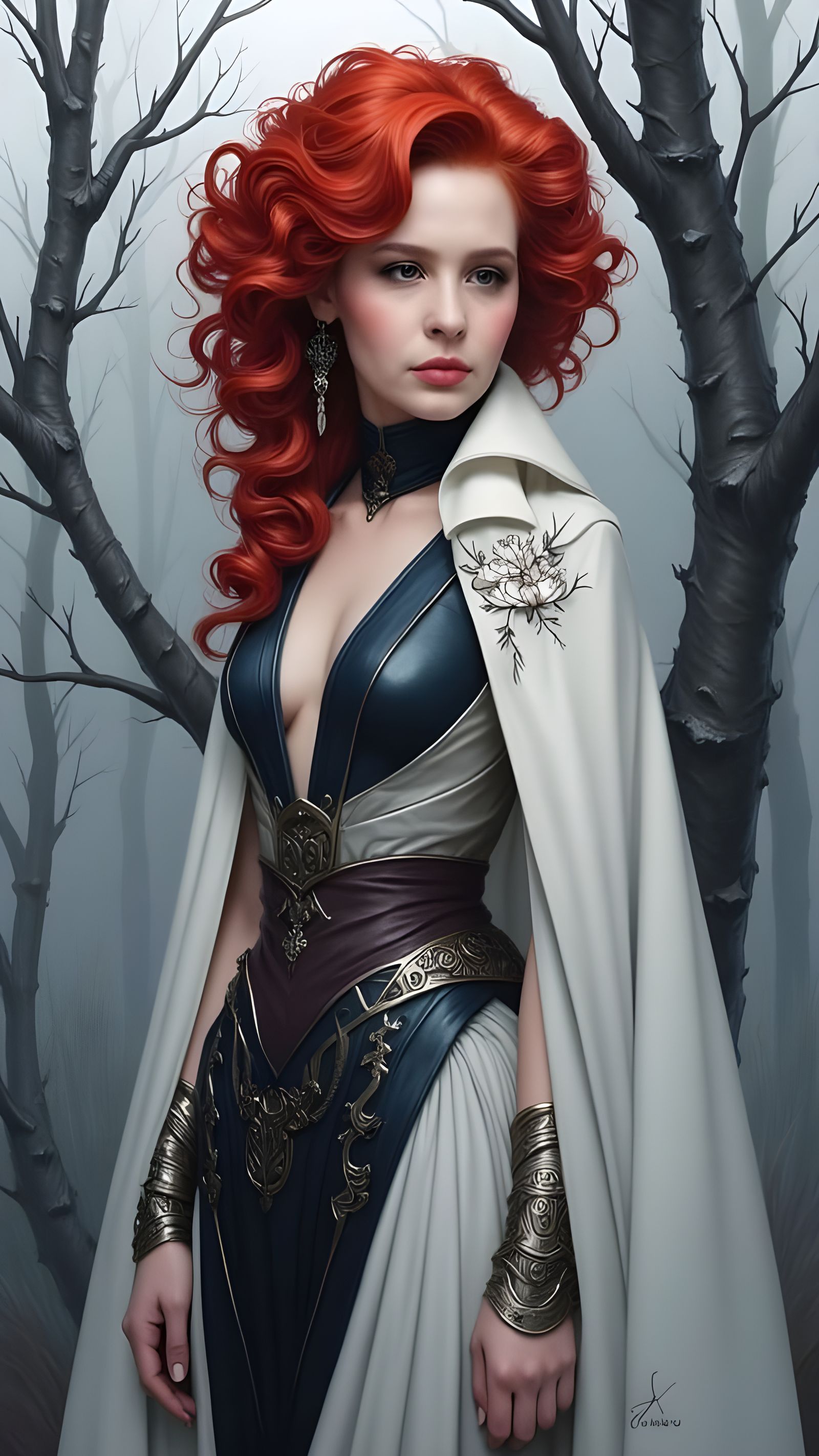 Hyperrealistic Portrait of a Curly Red-Headed Cowgirl in Lav...