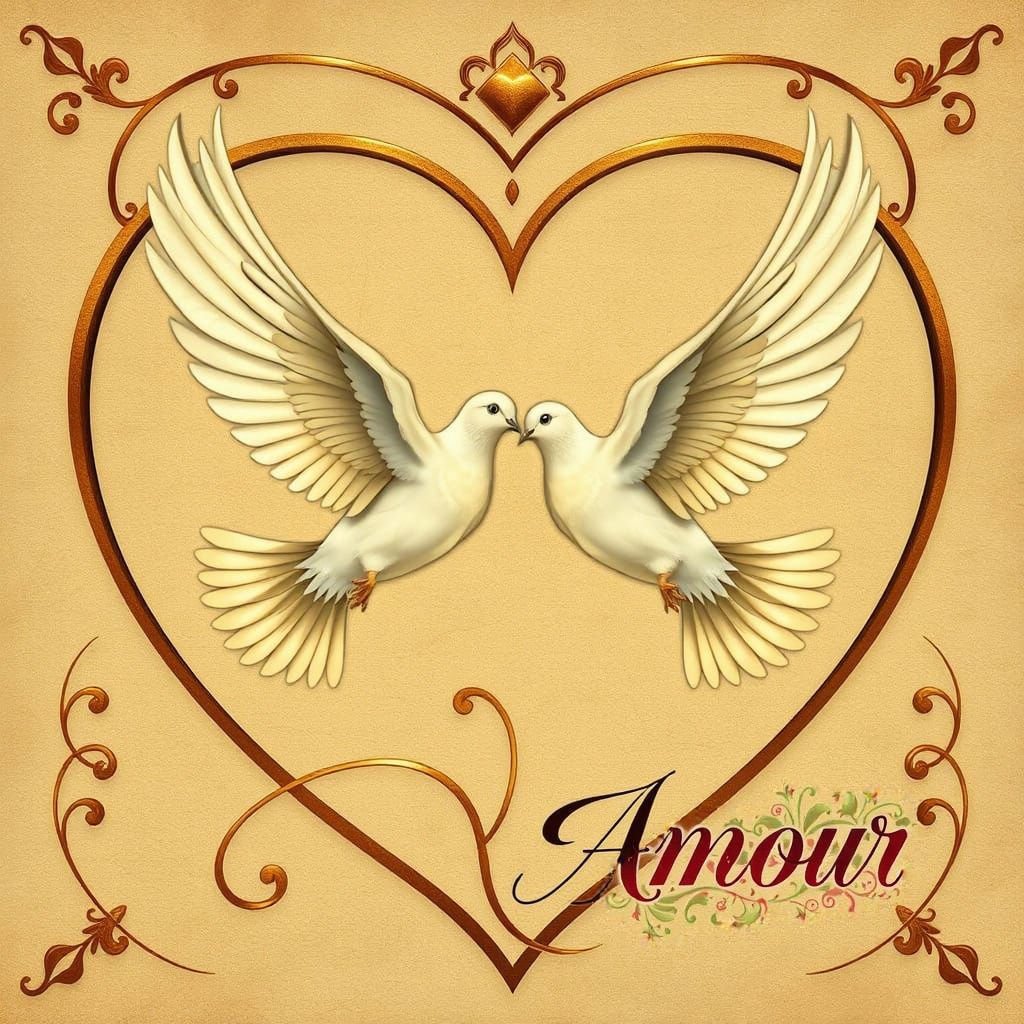 Ethereal Art Nouveau Doves in Heart-Shaped Flight