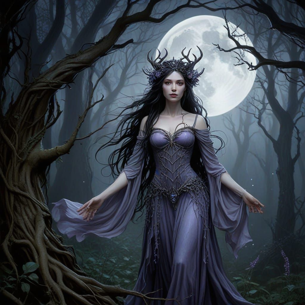 Dark Forest Mystique: A Sinister Queen Under Full Moon
