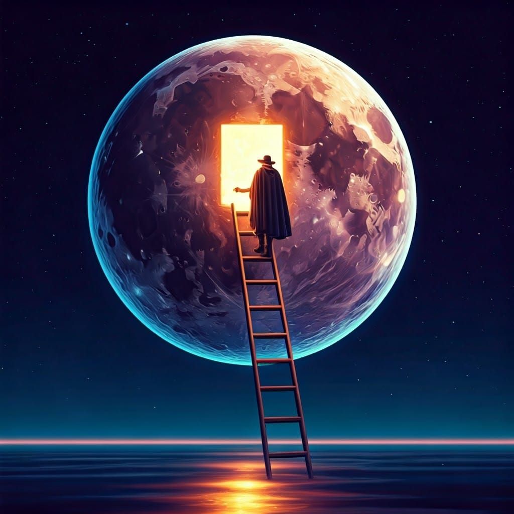 Man Ascends Ladder to Moon, Dreamlike Fantasy