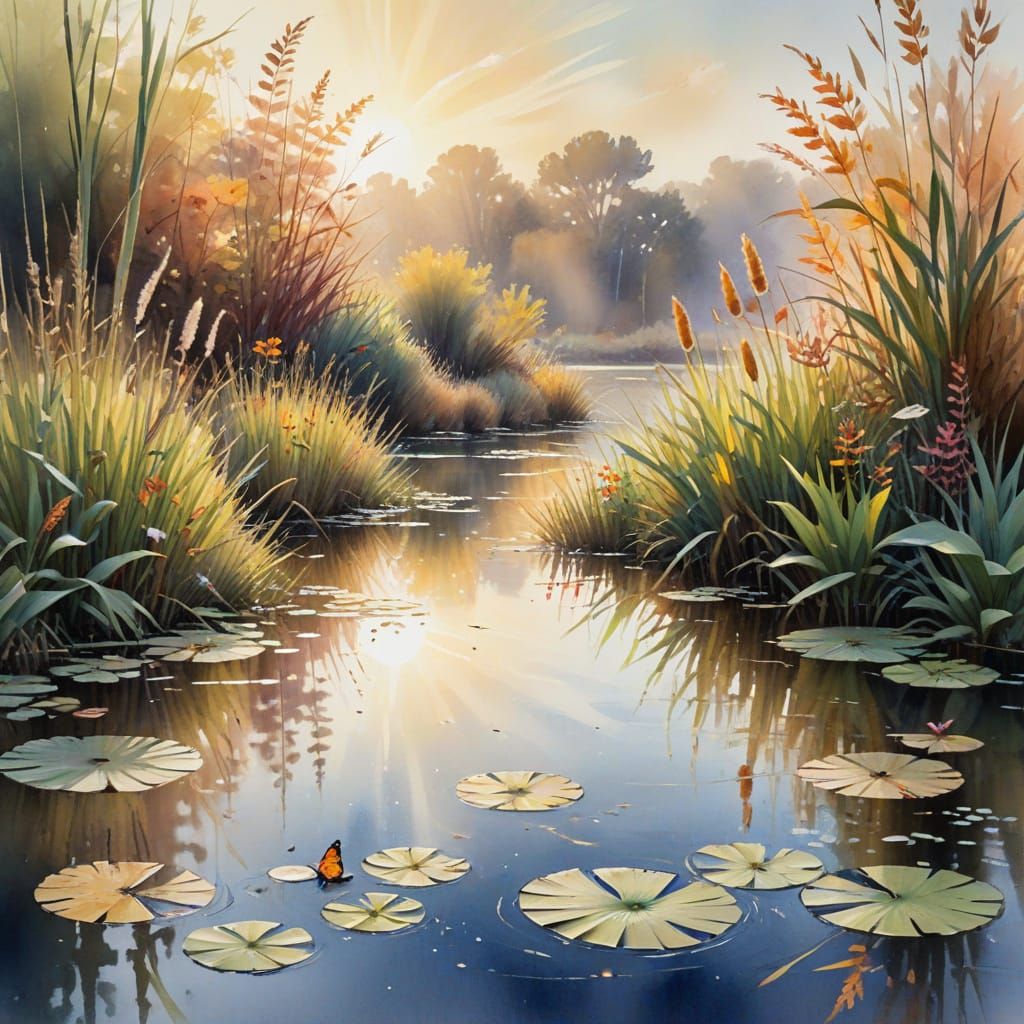 Serene Pond in Autumn Sunlight, Watercolour Painting