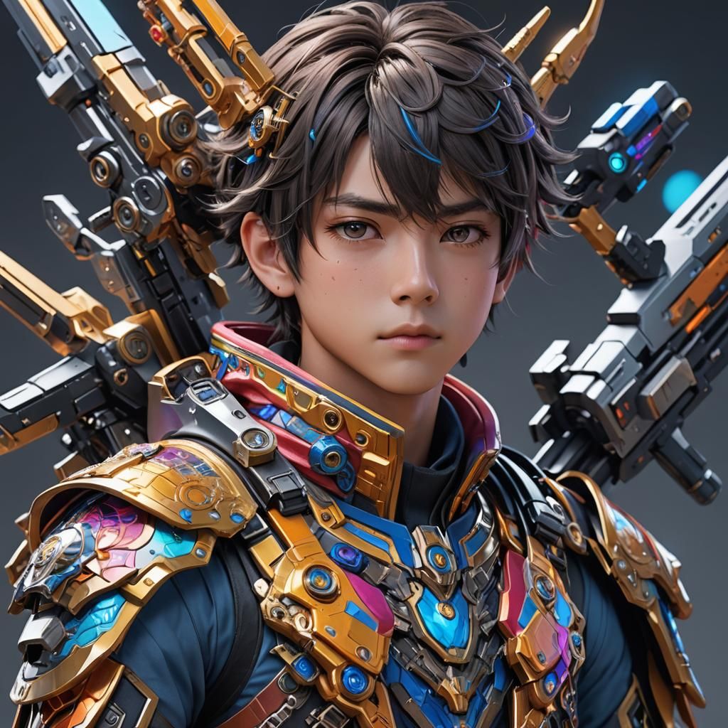 Hyperrealistic Portrait of Boy with Futuristic Weapon