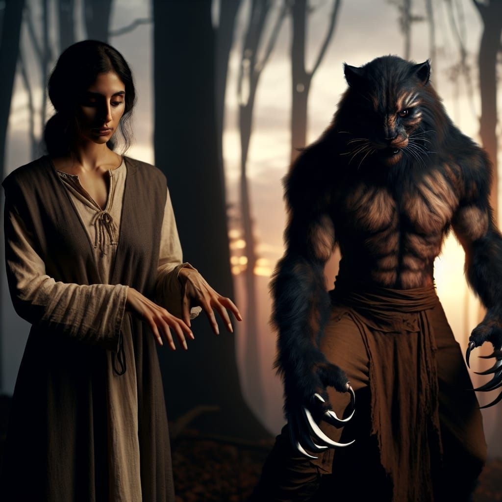 Woman's Werepanther Transformation in Dark Forest