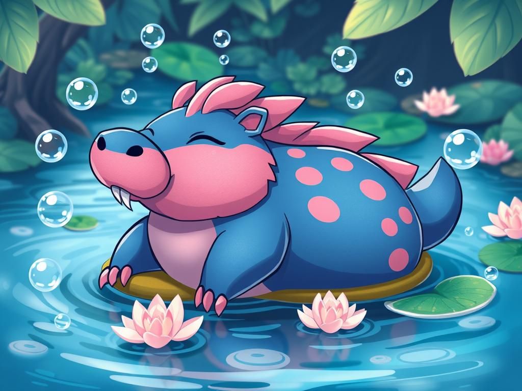 Playful Capybara Pokémon Lounging on Riverbank