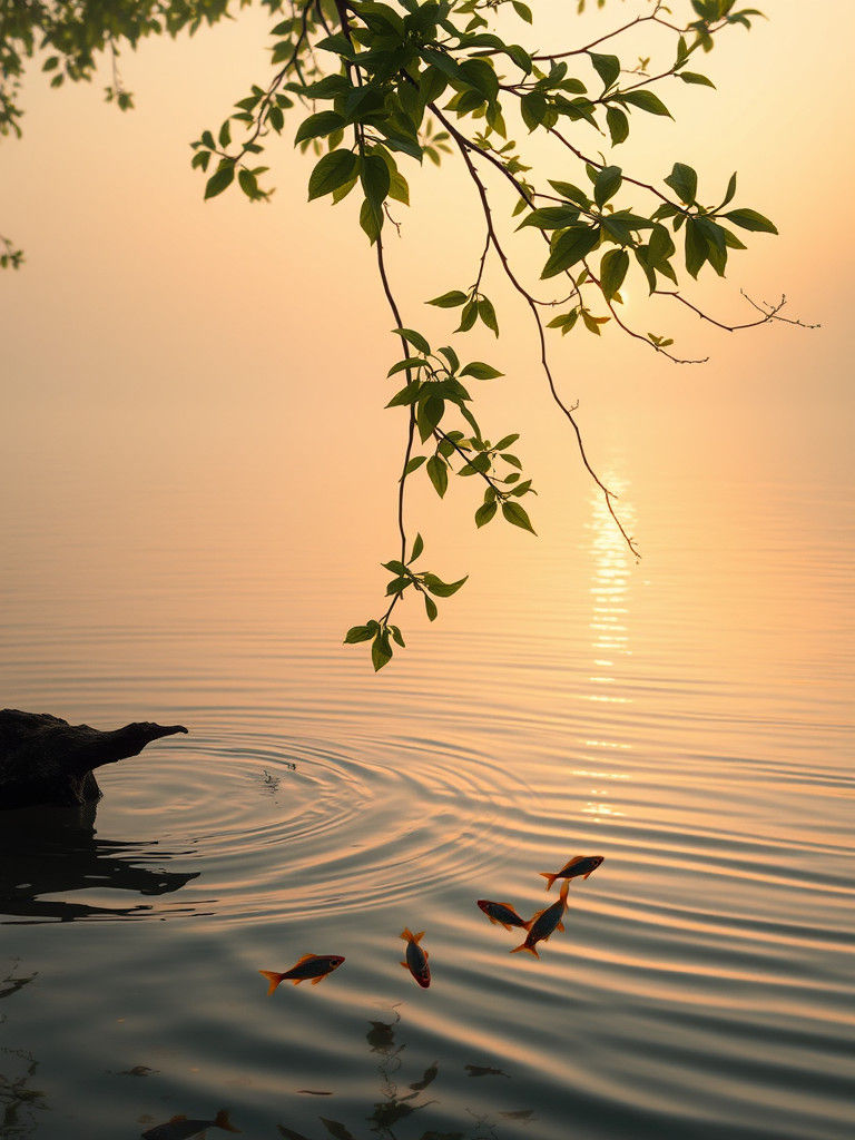 Tranquil River Scene with Fish and Bending Branch