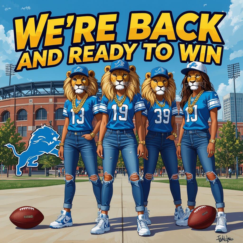 Lion-Headed Figures in Detroit, Graphic Art Style