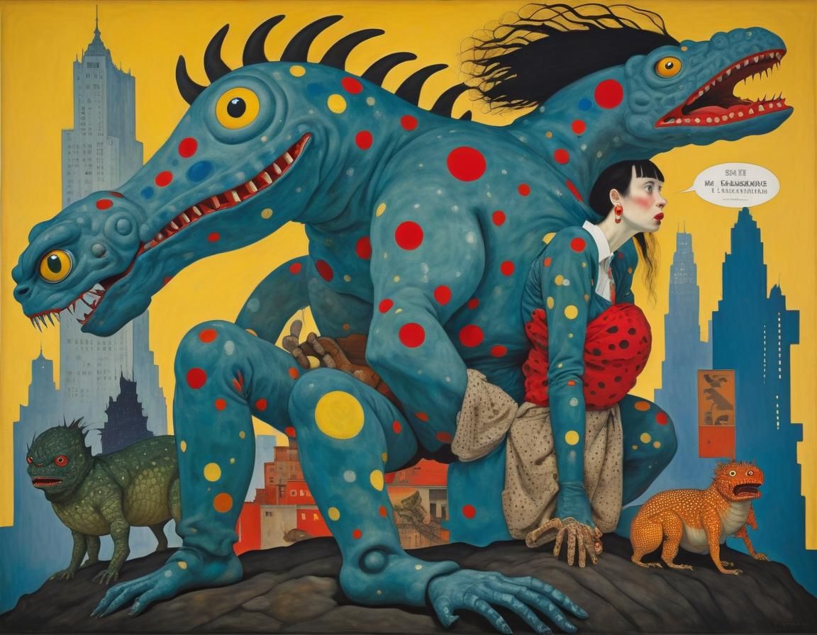Godzilla in Style of Brauner, Schiele, and Kusama