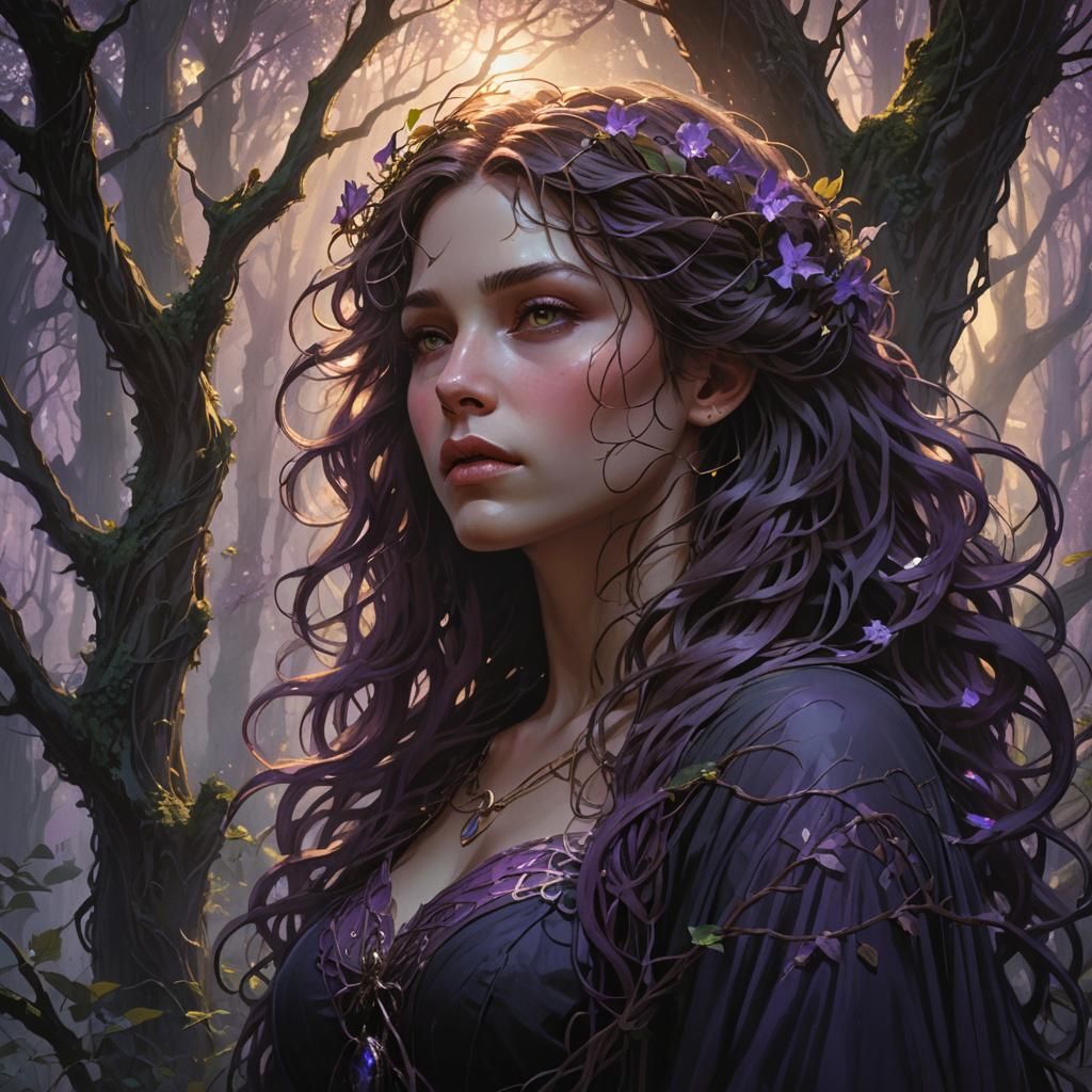 Mysterious Woman in Dark Fantasy Art Nouveau Style