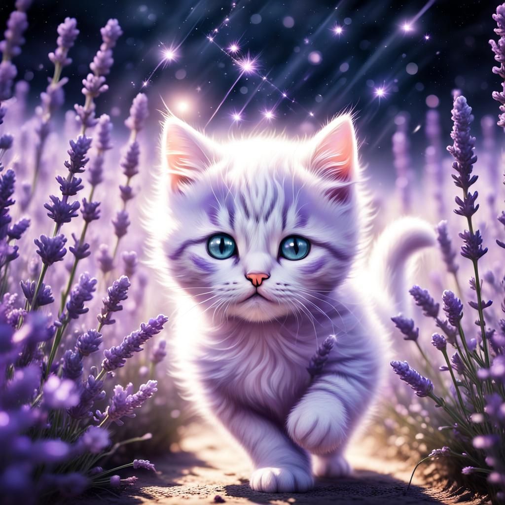 Mystical Kitten in Lavender Field: Dark Fantasy