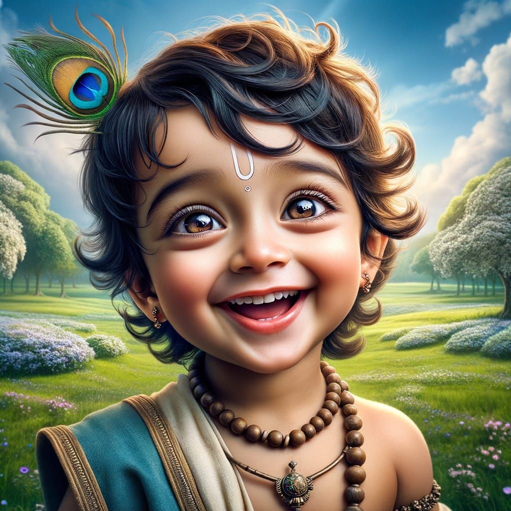 Joyful Krishna Portrait with Flute and Peacock Feathers