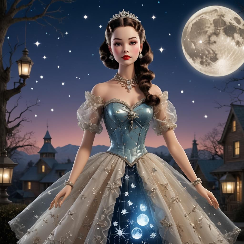 Mechanical Doll in Glass Dress Under Pastel Sky