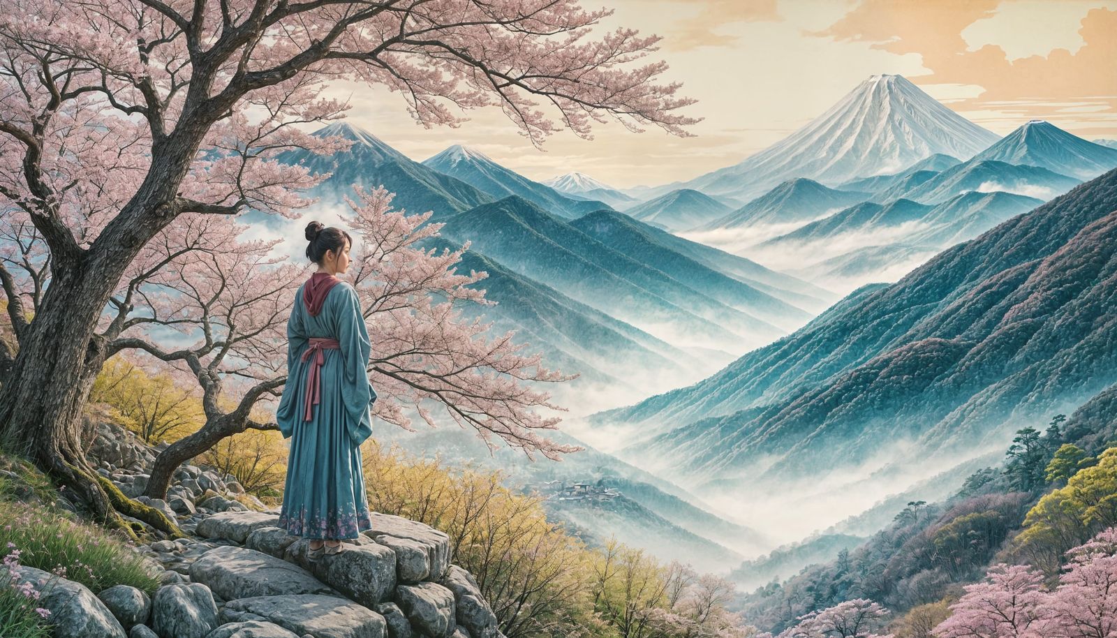 Serene Japanese Woman in Cherry Blossom Forest