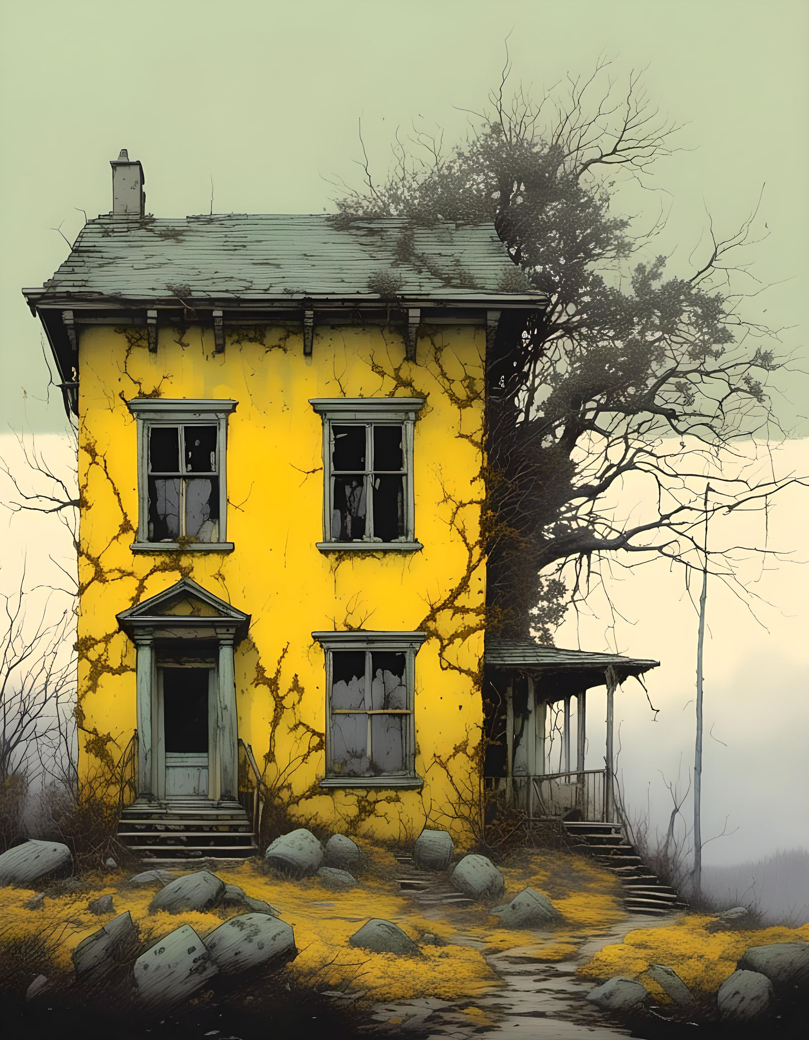 Old House on Desolate Hill in Retro Style