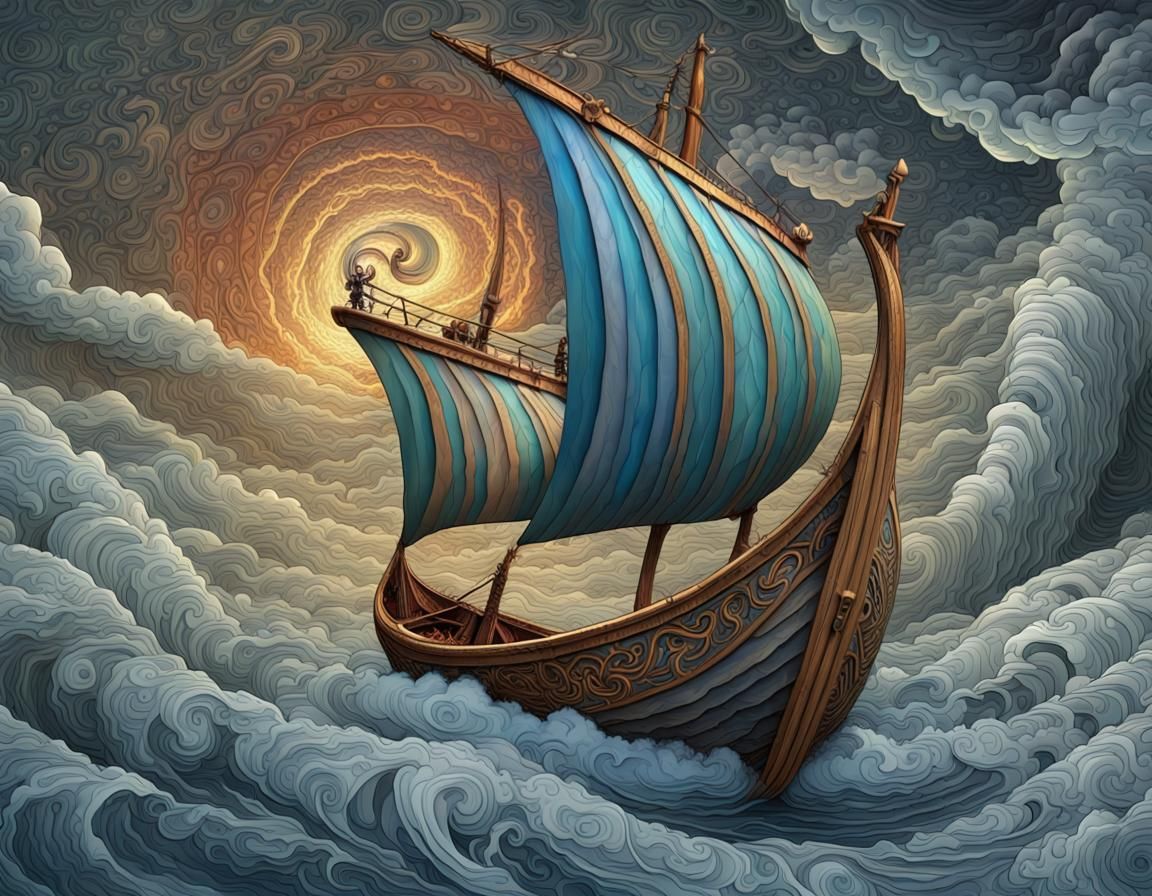 Viking Ship on Maelstrom Edge: Visionary Abstract Art
