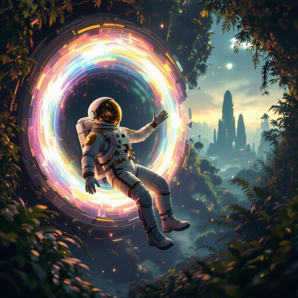 Astronaut Reaching a Portal to Alien Jungle