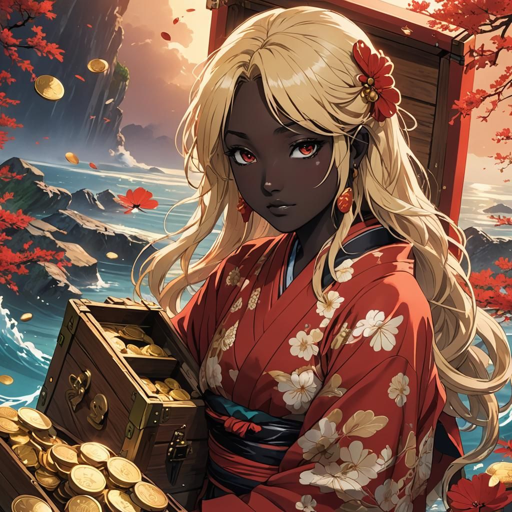 Anime Mermaid in Kimono with Treasure Chest