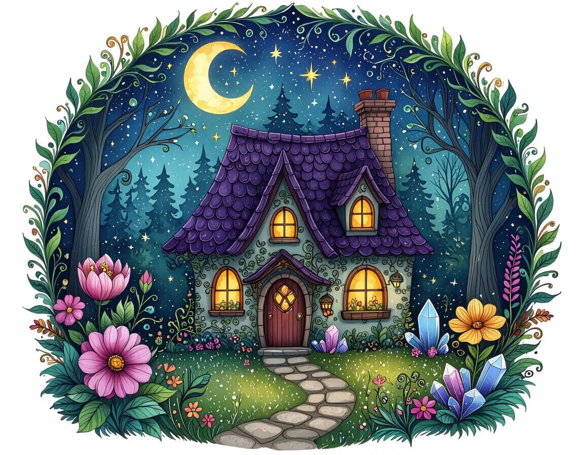 Intricately detailed alcohol ink illustration, a charming witchy cottage in an enchanted forest,  Zentangle, fantasy ill...