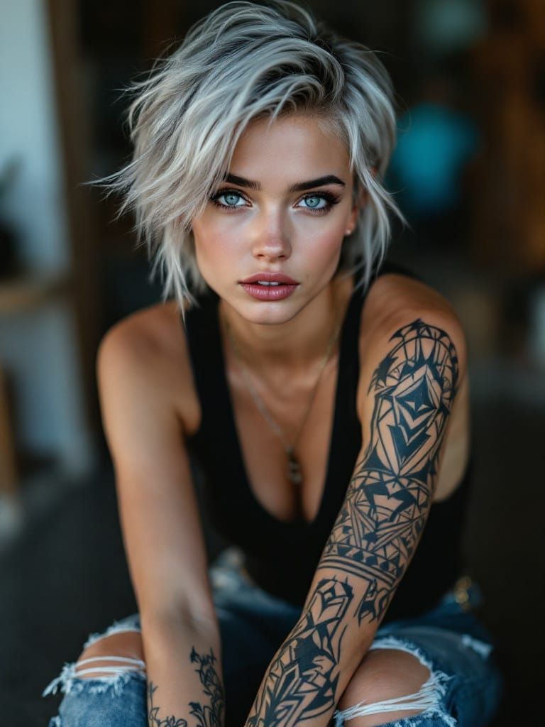 Modern Young Woman with Silver Hair and Tattoos