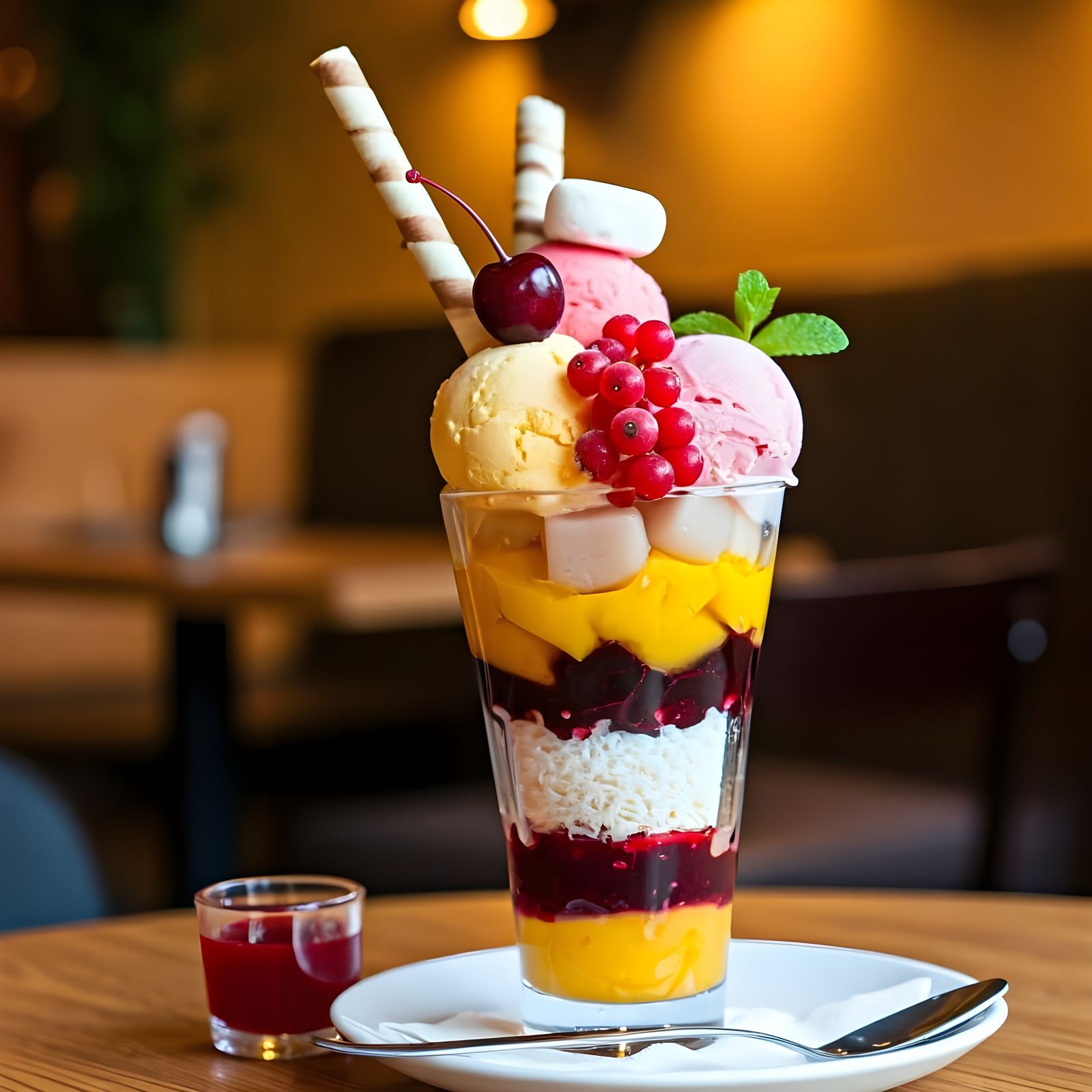 Elegant Fruit Parfait Dessert in Cozy Café