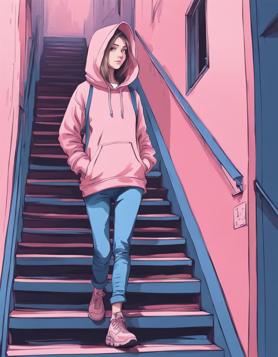 Anime Woman on Colorful Staircase in Sketch Style