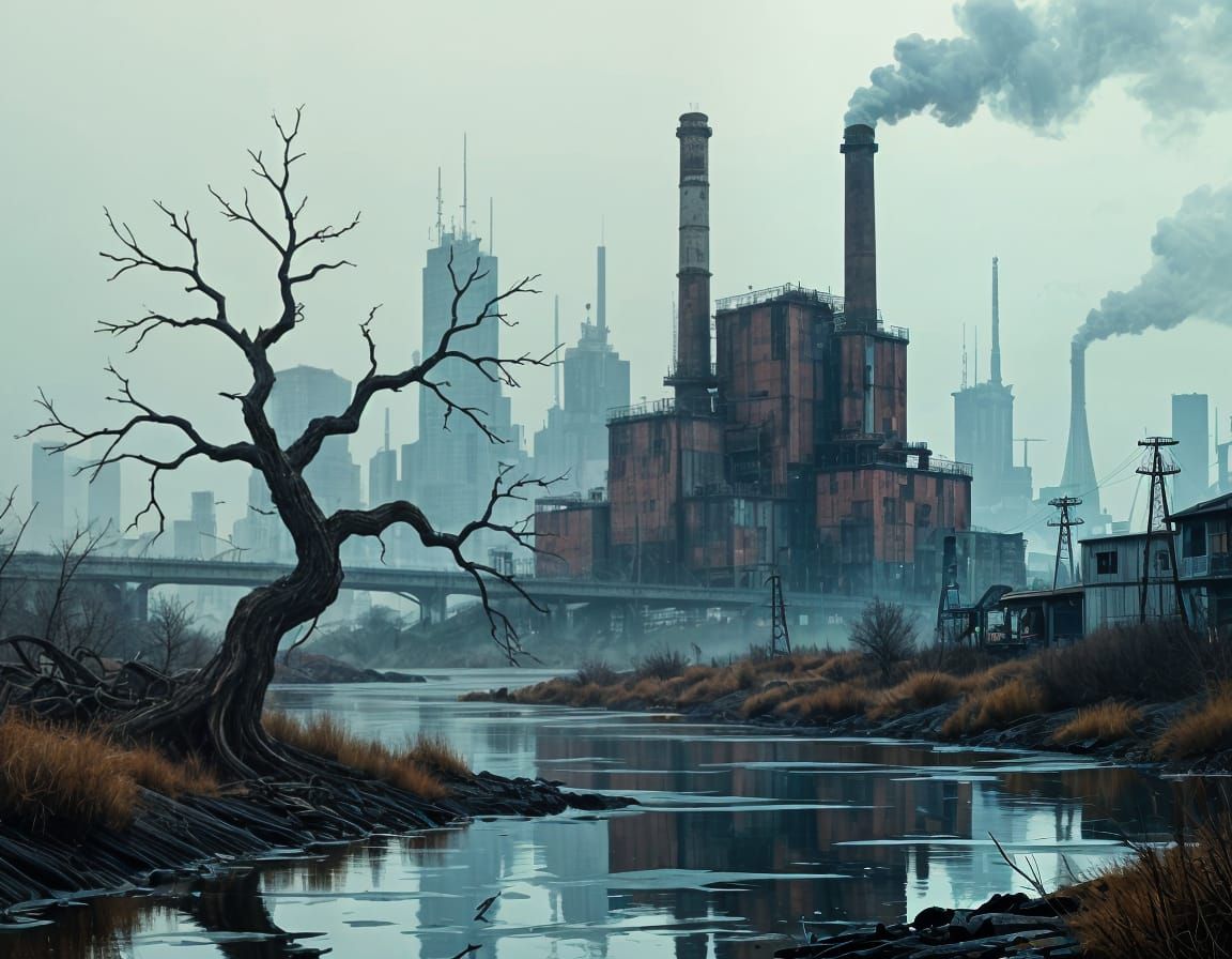 Industrial Cityscape with Polluted River and Withered Tree