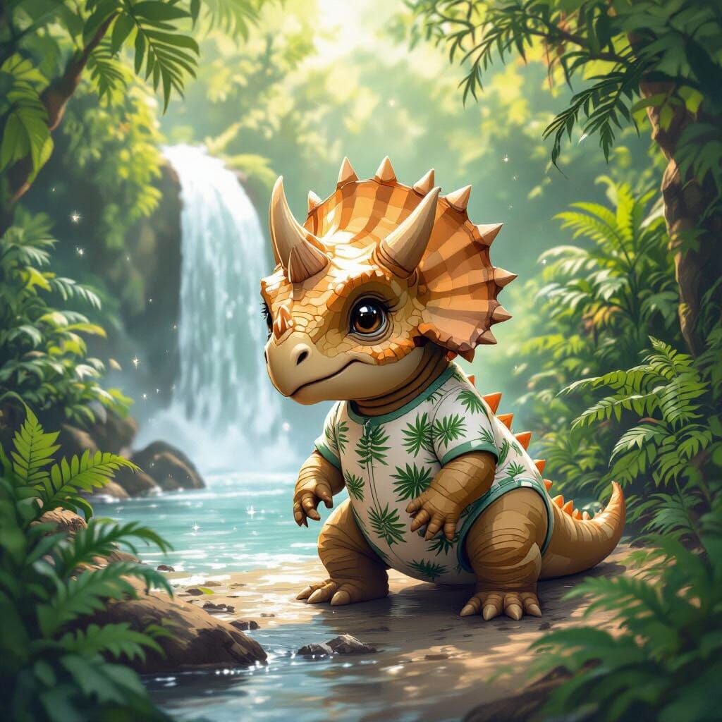 Baby Triceratops in Jurassic Jungle, Digital Art