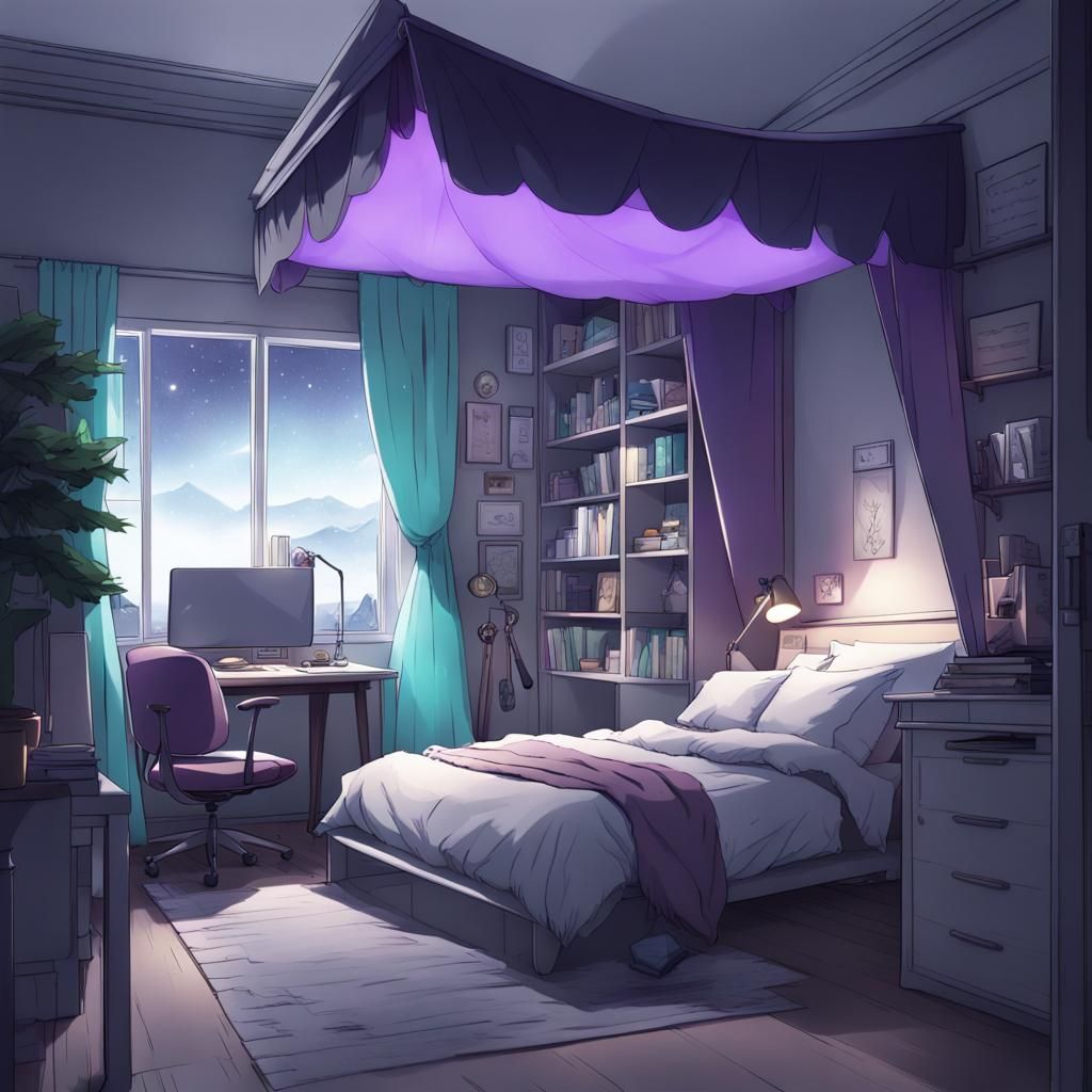 Purple and Aqua Canopy Bed in Anime Style