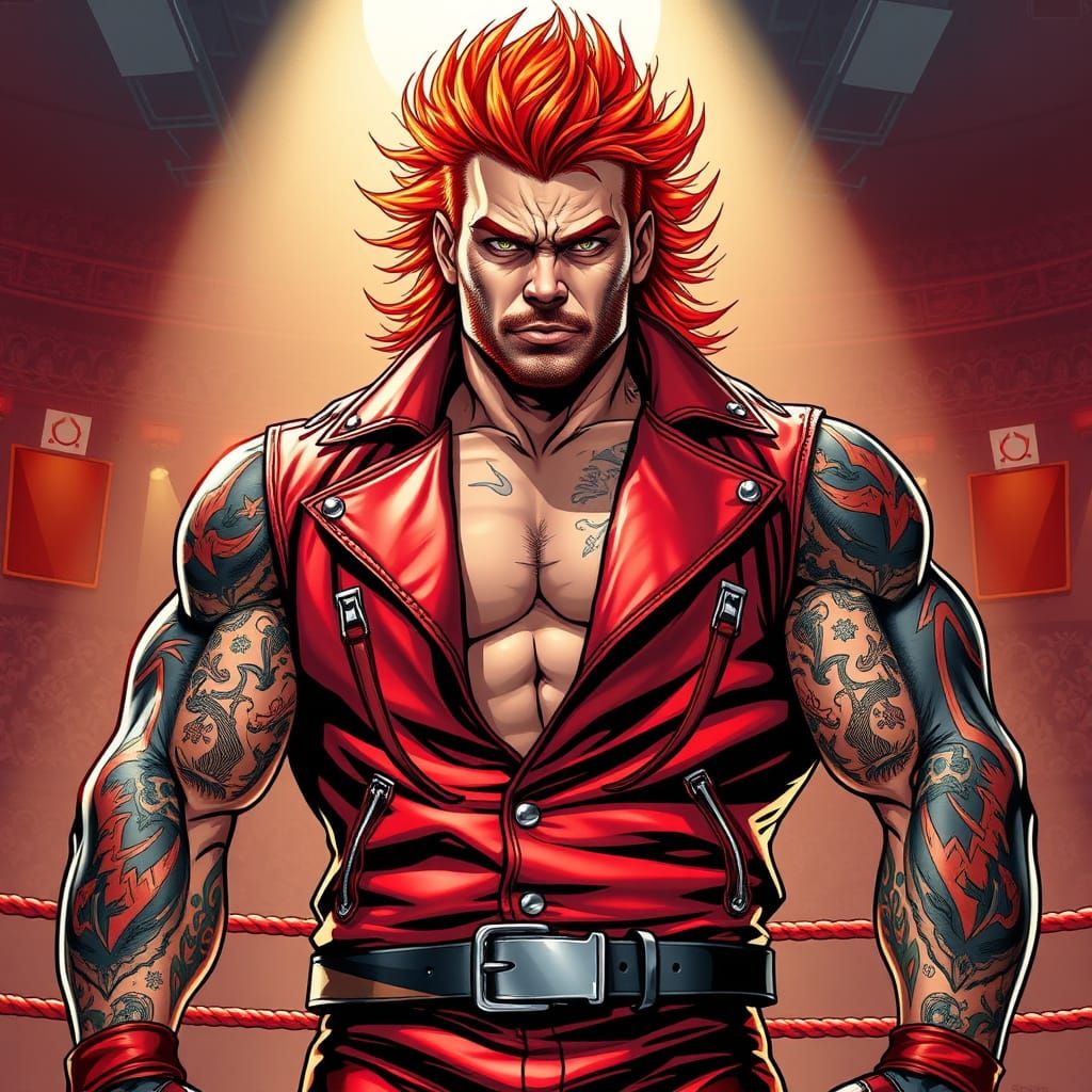 Dramatic Wrestler in Red Leather Jacket with Wild Red Hair