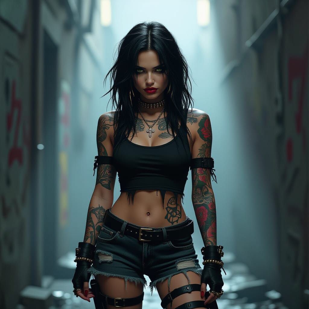 Grunge Woman with Tattoos and Ripped Clothing