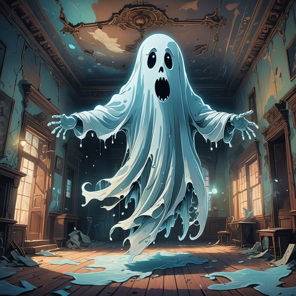 Cartoon Ghost in Spooky Mansion: Digital Art