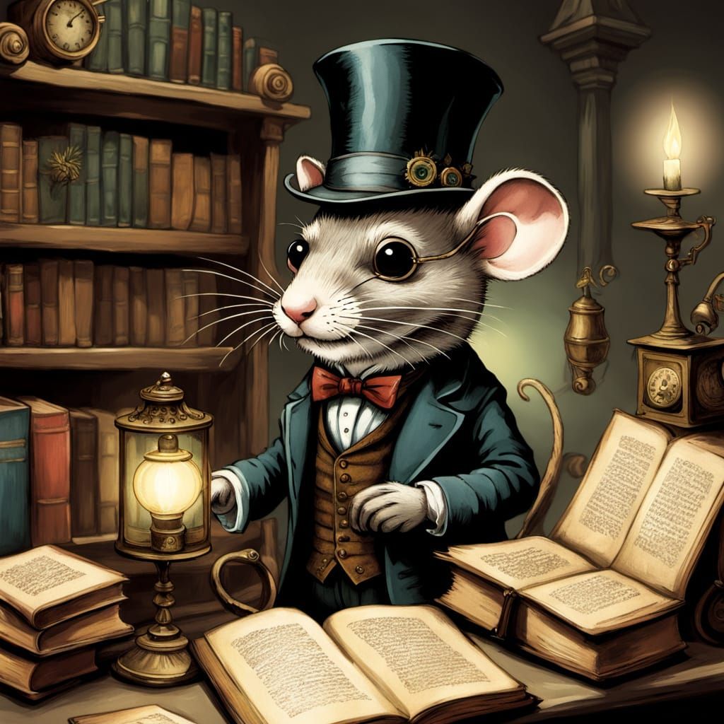 Rat Detective Discovers Antique Books in Steampunk Style