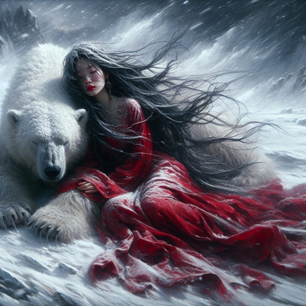 Asian Woman and Polar Bear in Snowstorm: Matte Painting