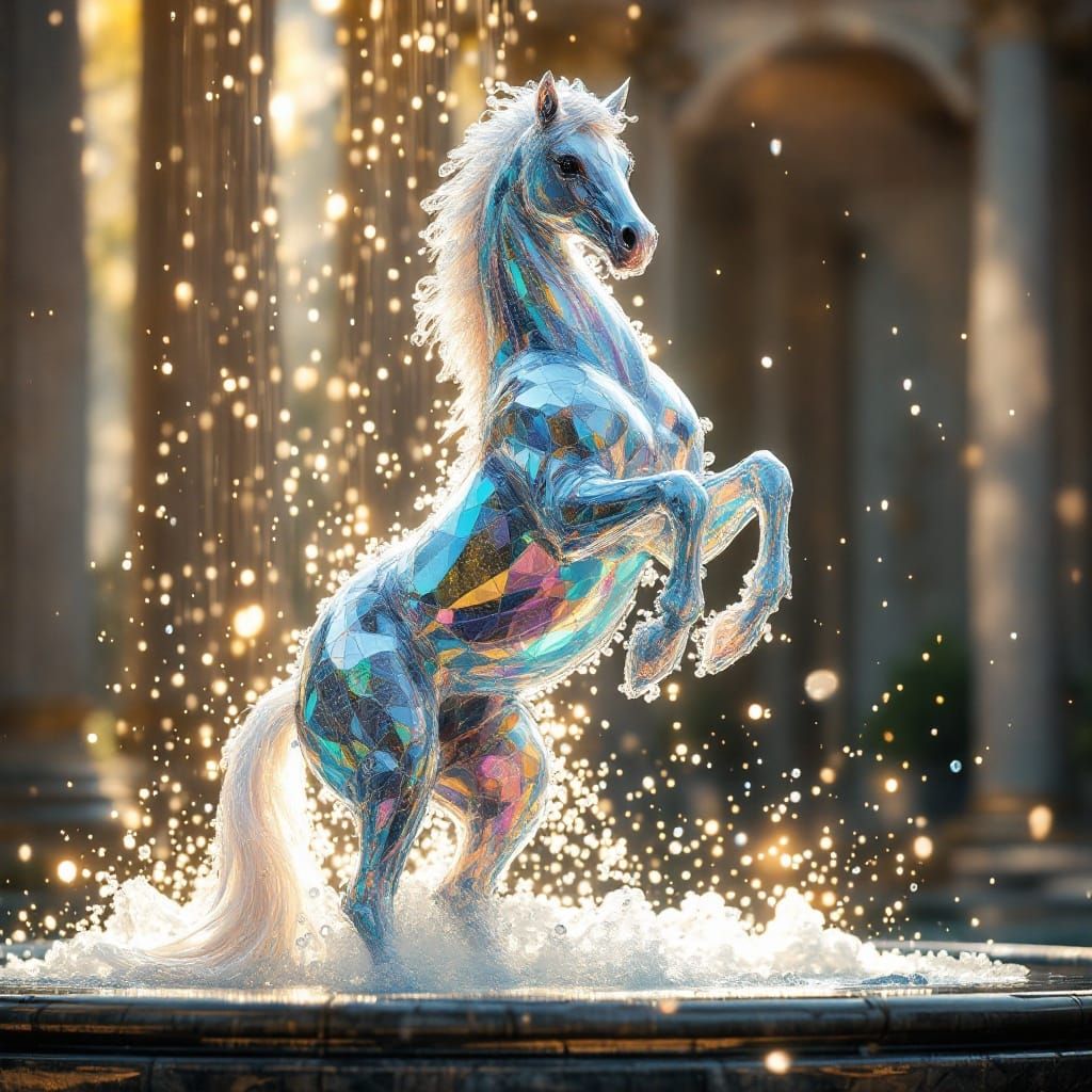 Majestic Iridescent Fountain Horse in Whimsical Digital Art