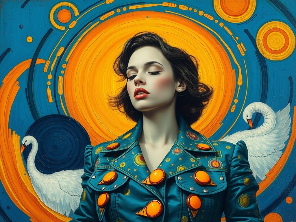 Dreamlike Woman in Vibrant Kandinsky-Inspired Circles