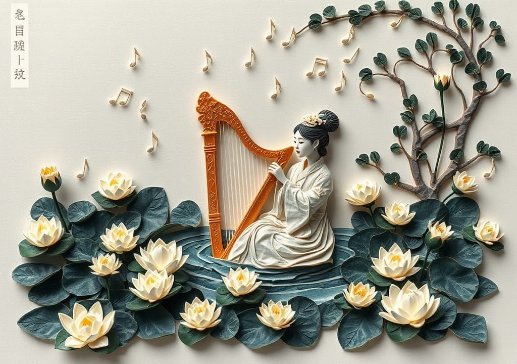 Embossed Chinese Woman Playing Harp Among Water Lilies