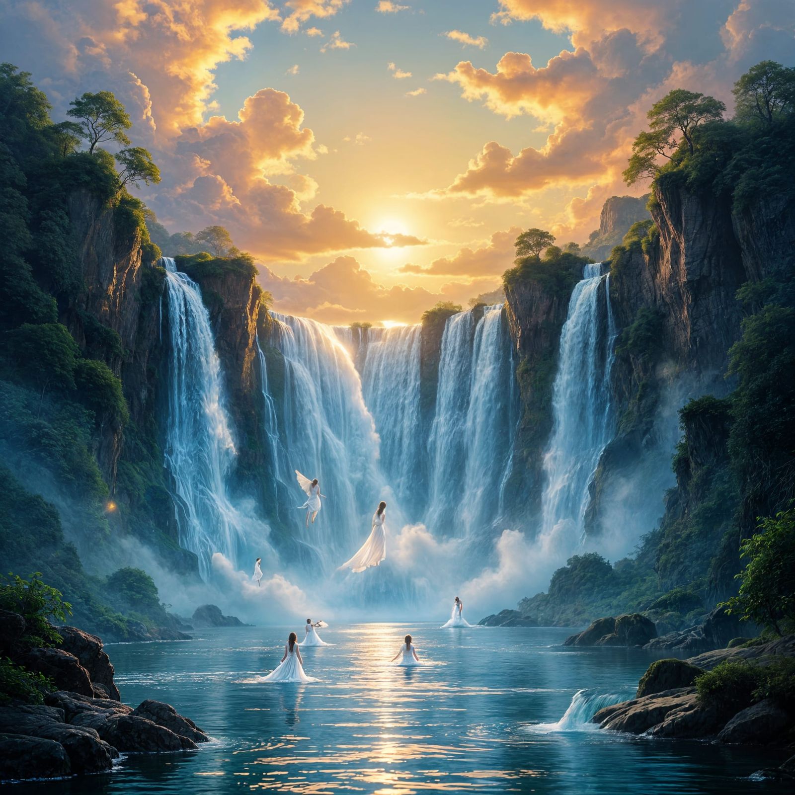 Upward Waterfall With Spirits Swimming in Light