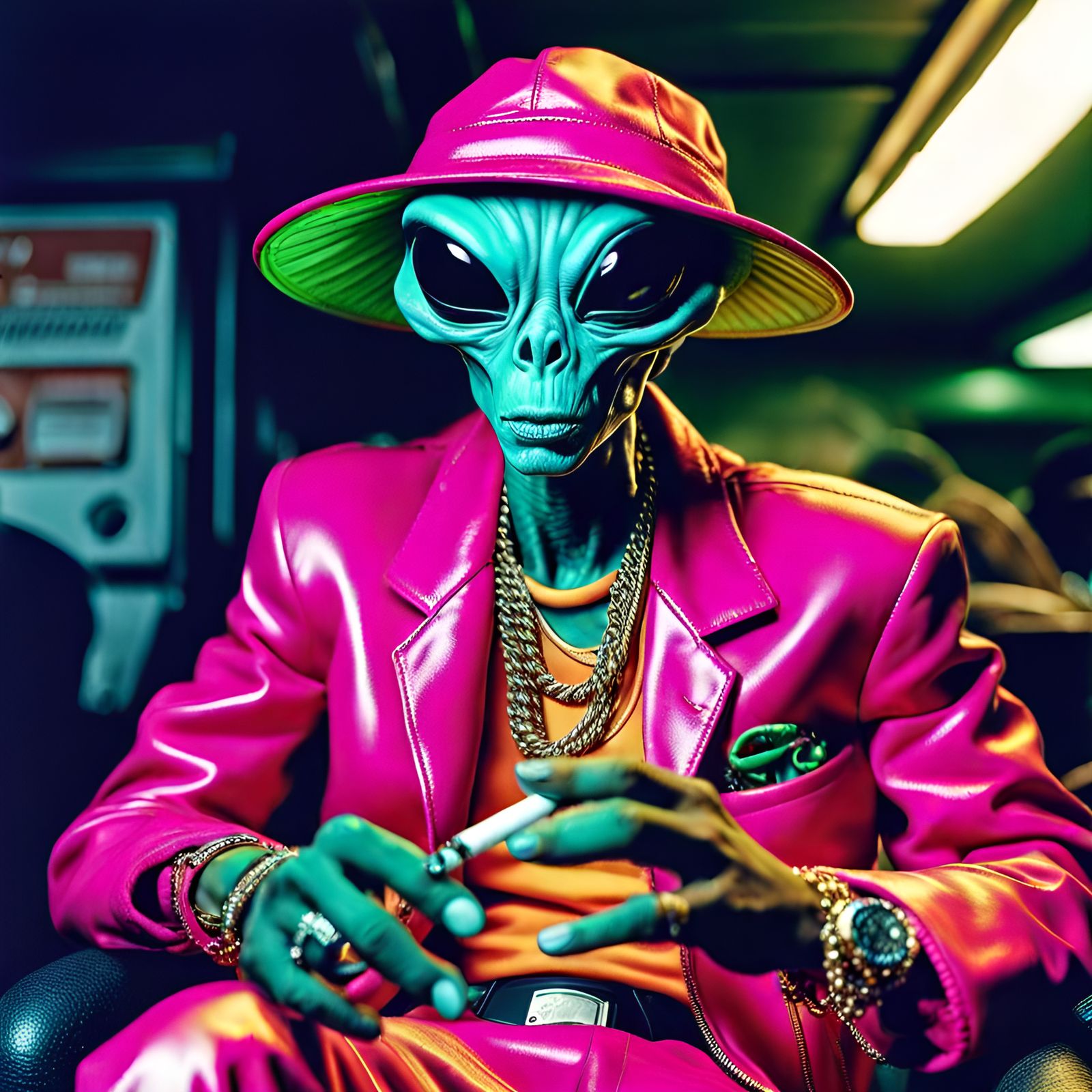 Alien Smoking in Hip-Hop Outfit, Outlined Art