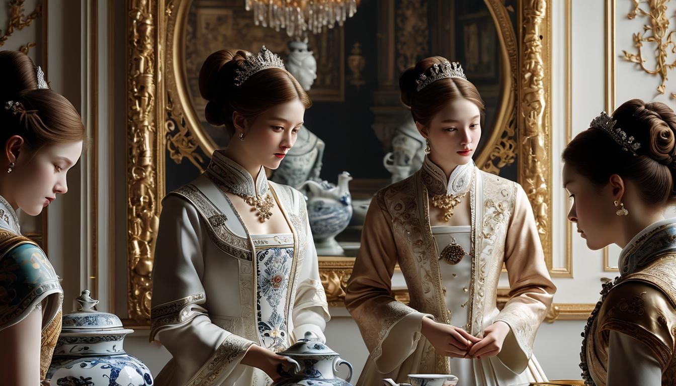 European Nobles Admiring Dehua Porcelain in Luxurious Room