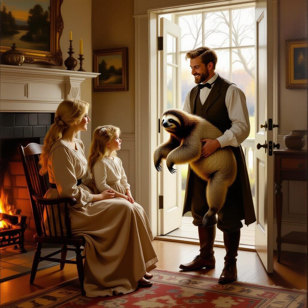 Man Arrives Home With Sloth For Birthday Gift in 1900s Oil P...