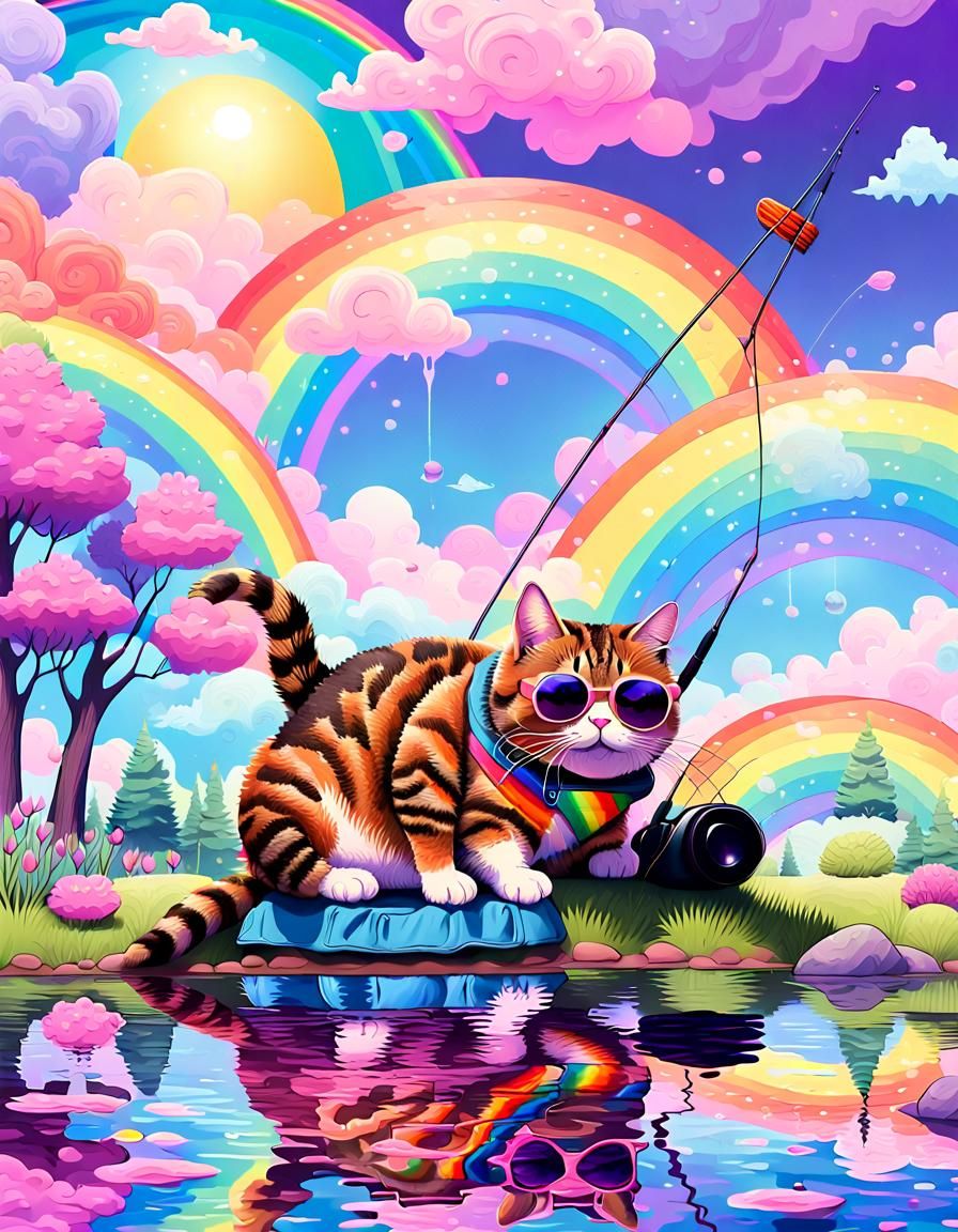 Tabby Cat Fishing in Psychedelic Rainbow Park