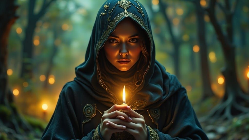 Mystical Woman with Candle in Dark Forest