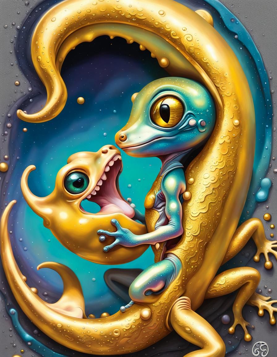 Gecko Kissing Moon Man in Graffiti Art Style