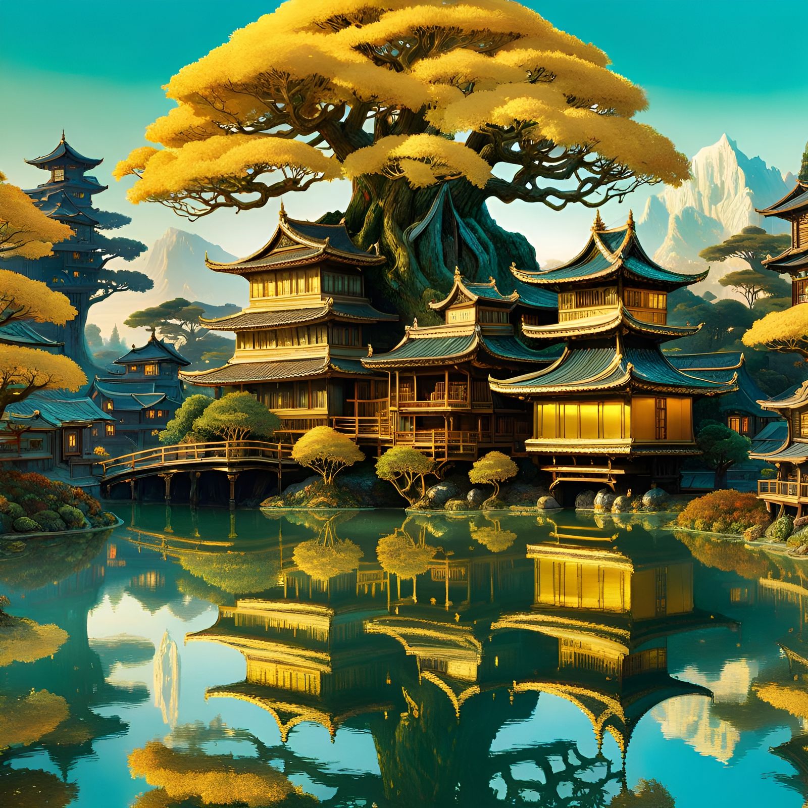 Golden Bonsai Village Reflected in Pond