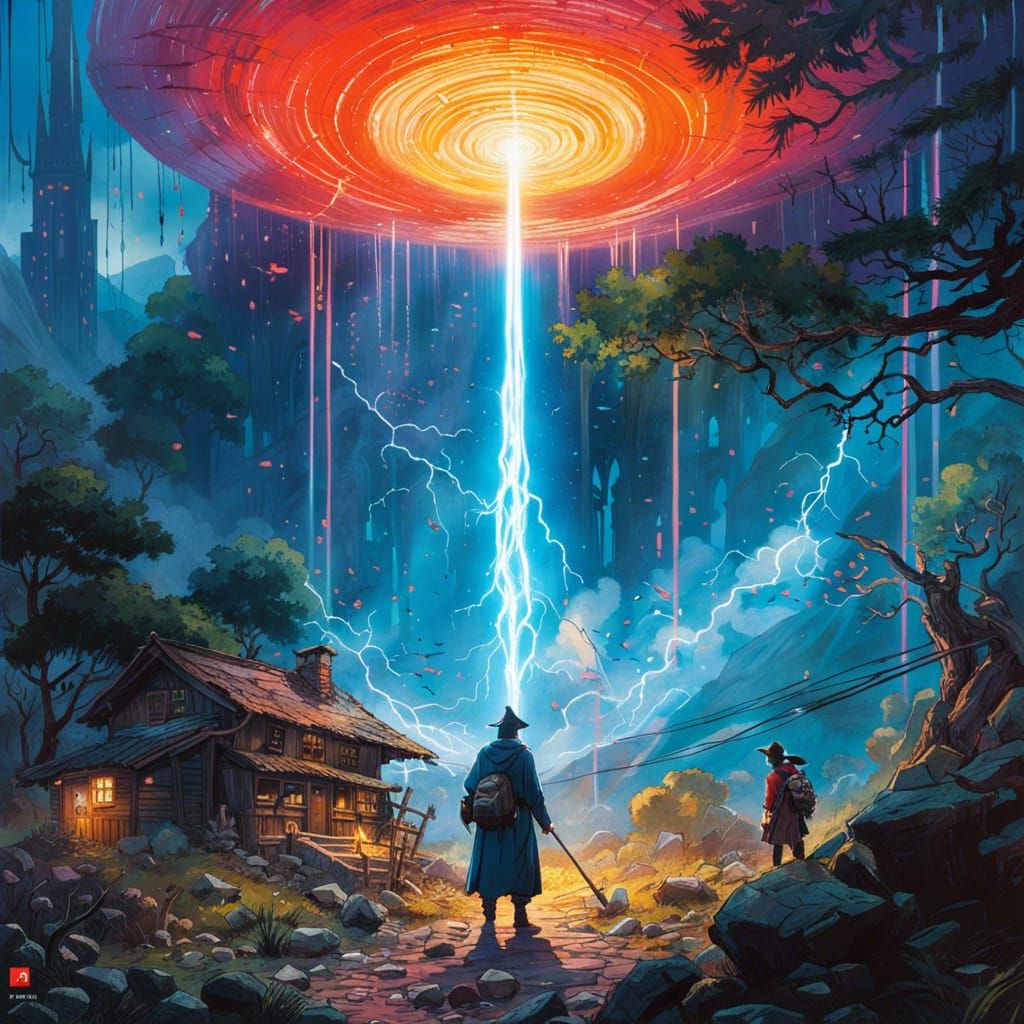 Magical Wizard in Light Beam: Collage Illustration