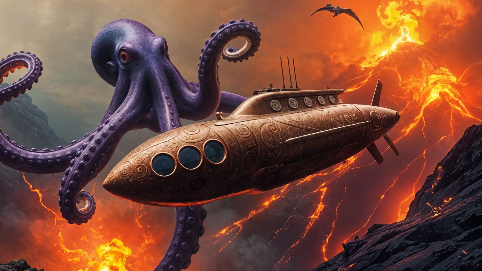 Giant Octopus Attacks Copper Submarine Near Volcano