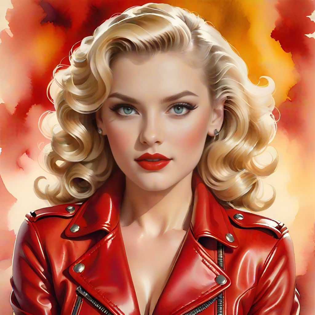 Sultry Red Leather Pin-Up Queen in Watercolor