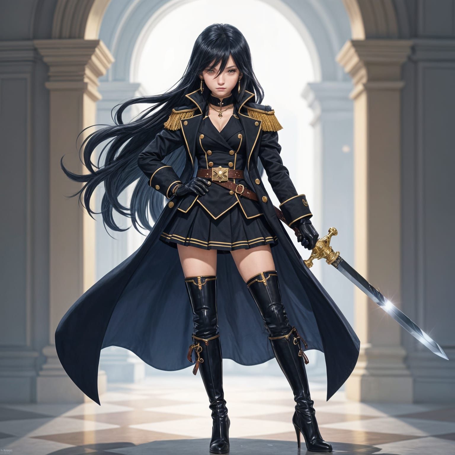 Anime Female Admiral in Black Uniform with Sword