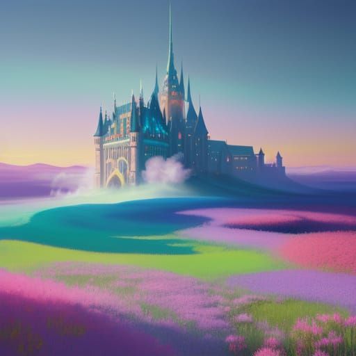 Pastel Futuristic Castle in Vibrant Alien Fields