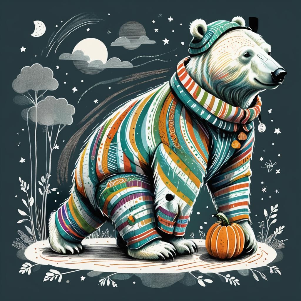 Striped Polar Bear with Pumpkin in Dreamlike Style