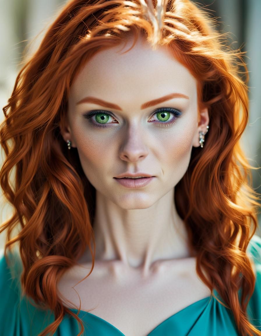 A beautiful portrait of woman with vibrant long ginger red hair piercing green eyes and a beautiful blue dress vibrant